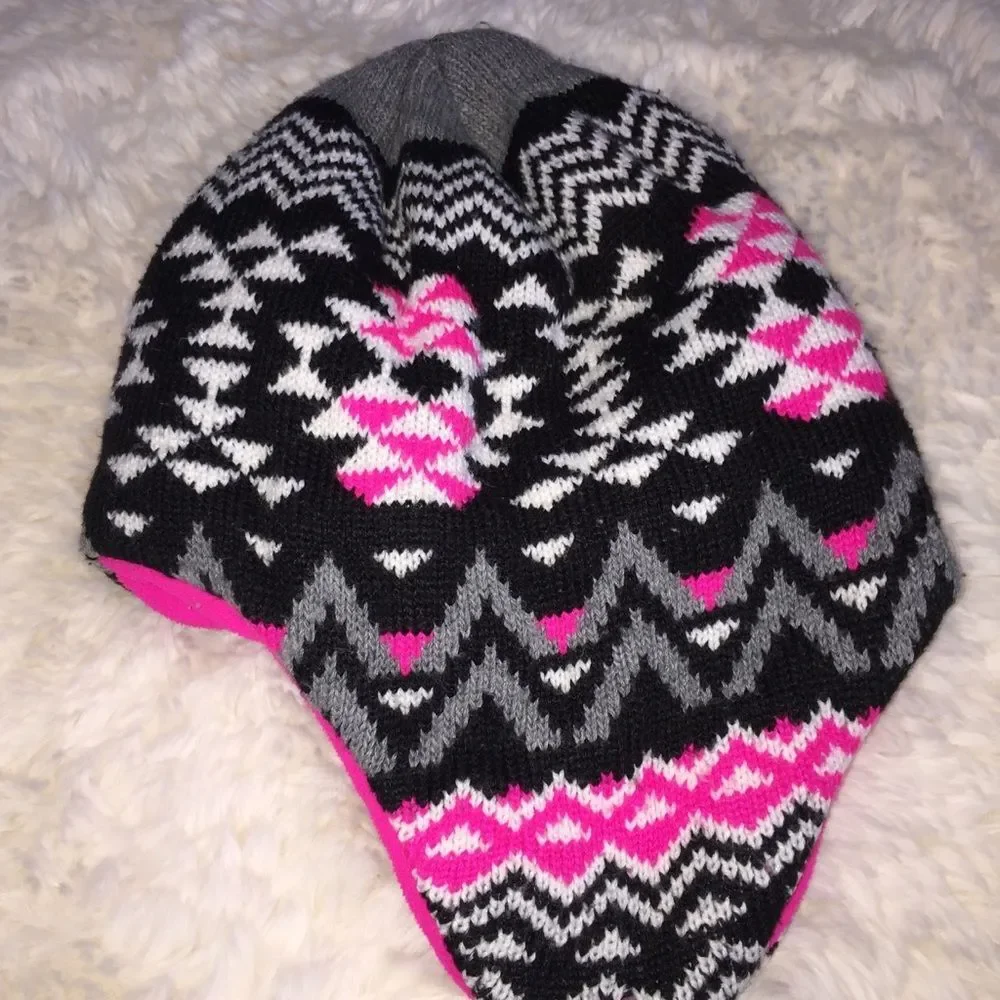 4/$20 Swiss Tech Knit Hat Ear Flaps Hot Pink Black One Size Fits Most